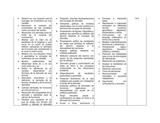 •   Mostrar con una situación real el   •   Presentar diversas representaciones       •   Procesar e interpretar           14-4
    concepto de incremento de una           del concepto de derivada.                     datos.
    variable.                           •   Interpretar gráficos de modelos           •   Representar e interpretar
•   Reconocer el cociente de                relacionados con la vida cotidiana en         conceptos en diferentes
    incrementos de dos variables            términos del concepto de derivada.            formas:            numérica,
    como una razón de cambio.                                                             geométrica,      algebraica,
                                        •   Presentación de figuras, fotografías y
•   Reconocer a la derivada como el                                                       trascendente y verbal.
                                            gráficas que permitan la reflexión del
    límite de un cociente de                                                          •   Comunicarse         en      el
                                            alumno respecto al concepto de
    incrementos.                            derivada.                                     lenguaje matemático en
•   Mostrar que el valor de la                                                            forma oral y escrita.
    pendiente de la tangente a una      •   Presentación gráfica de pendientes        •   Modelar matemáticamente
    curva en un punto se puede              de rectas que permitan la reflexión           fenómenos y situaciones.
    obtener calculando la derivada          del     alumno     respecto    a     la   •   Pensamiento            lógico,
    de la función que corresponde a         derivabilidad de funciones.                   algorítmico,       heurístico,
    la curva en dicho punto.            •   Analizar gráficas mediante un                 analítico y sintético.
•   Mostrar con una situación física        software graficador                       •   Potenciar las habilidades
    o geométrica el concepto de         •   Reflexión personal del alumno con             para el uso de tecnologías
    incremento de una variable.             apoyo de las preguntas planteadas             de información.
•   Mostrar      gráficamente     las       por el profesor.                          •   Resolución de problemas.
    diferencias entre Δx y dx así       •   Discusión grupal y confrontación de       •   Analizar la factibilidad de
    como entre Δy y dy.                     ideas en torno a los conceptos                las soluciones.
•   Definir la diferencial de la            involucrados en las Situaciones           •   Optimizar soluciones.
    variable      dependiente      en       problema.                                 •   Toma de decisiones.
    términos de la derivada de una      •   Sistematización       de    resultados    •   Reconocimiento             de
    función.                                particulares y generales.                     conceptos o principios
•   Demostrar, recurriendo a la         •   Presentar fenómenos de la vida                integradores.
    definición, la derivada de la           cotidiana que puedan ser modelados        •   Argumentar                con
    función constante y de la función       a través de la derivada.                      contundencia y precisión.
    identidad.                          •   presentar gráficas de derivadas de
•   Calcular derivadas de funciones         funciones         algebraicas         y
    de la forma f(x)=xn.                    trascendentes con ayuda de un
•   Reconocer las propiedades de la         software graficador
    derivada y aplicarlas para el       •   Dirigir     discusión     grupal      y
    cálculo de funciones.                   confrontación de ideas en torno a la
•   Plantear una expresión en la            derivada de funciones.
    que se tenga una función de
    función y calcular la derivada
                                        •   Enviar a foros, seminarios o
 