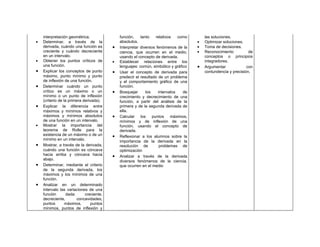 interpretación geométrica.                función,    tanto    relativos   como       las soluciones.
•   Determinar, a través de la                absolutos.                              •   Optimizar soluciones.
    derivada, cuándo una función es       •   Interpretar diversos fenómenos de la    •   Toma de decisiones.
    creciente y cuándo decreciente            ciencia, que ocurren en el medio,       •   Reconocimiento          de
    en un intervalo.                          usando el concepto de derivada.             conceptos o principios
•   Obtener los puntos críticos de        •   Establecer relaciones entre los             integradores.
    una función.                              lenguajes: común, simbólico y gráfico   •   Argumentar             con
•   Explicar los conceptos de punto       •   Usar el concepto de derivada para           contundencia y precisión.
    máximo, punto mínimo y punto              predecir el resultado de un problema
    de inflexión de una función.              y el comportamiento gráfico de una
•   Determinar cuándo un punto                función.
    crítico es un máximo o un             •   Bosquejar      los    intervalos   de
    mínimo o un punto de inflexión            crecimiento y decrecimiento de una
    (criterio de la primera derivada).        función, a partir del análisis de la
•   Explicar la diferencia entre              primera y de la segunda derivada de
    máximos y mínimos relativos y             ella.
    máximos y mínimos absolutos           •   Calcular los puntos máximos,
    de una función en un intervalo.           mínimos y de inflexión de una
•   Mostrar la importancia del                función, usando el concepto de
    teorema de Rolle para la                  derivada.
    existencia de un máximo o de un       •   Reflexionar a los alumnos sobre la
    mínimo en un intervalo.                   importancia de la derivada en la
•   Mostrar, a través de la derivada,         resolución de          problemas de
    cuándo una función es cóncava             optimización
    hacia arriba y cóncava hacia          •   Analizar a través de la derivada
    abajo.                                    diversos fenómenos de la ciencia,
•   Determinar, mediante el criterio          que ocurren en el medio
    de la segunda derivada, los
    máximos y los mínimos de una
    función.
•   Analizar en un determinado
    intervalo las variaciones de una
    función        dada:     creciente,
    decreciente,         concavidades,
    puntos        máximos,       puntos
    mínimos, puntos de inflexión y
 