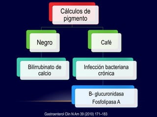 Cálculos de
pigmento
Negro
Bilirrubinato de
calcio
Café
Infección bacteriana
crónica
B- glucuronidasa
Fosfolipasa A
Gastroenterol Clin N Am 39 (2010) 171–183
 