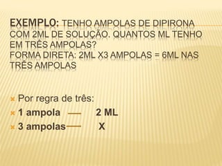 EXEMPLO: TENHO AMPOLAS DE DIPIRONA
COM 2ML DE SOLUÇÃO. QUANTOS ML TENHO
EM TRÊS AMPOLAS?
FORMA DIRETA: 2ML X3 AMPOLAS = 6ML NAS
TRÊS AMPOLAS
 Por regra de três:
 1 ampola 2 ML
 3 ampolas X
 