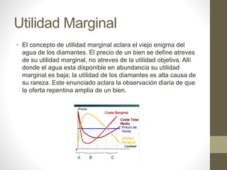 Utilidad Marginal
• El concepto de utilidad marginal aclara el viejo enigma del
agua de los diamantes. El precio de un bien se define atreves
de su utilidad marginal, no atreves de la utilidad objetiva. Allí
donde el agua esta disponible en abundancia su utilidad
marginal es baja; la utilidad de los diamantes es alta causa de
su rareza. Este enunciado aclara la observación diaria de que
la oferta repentina amplia de un bien.
 