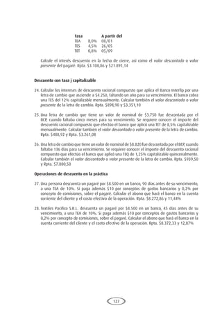 127
			 	Tasa		A partir del
				TEA	
8,0%	
08/01
				TES	
4,5%	
26/05
				TET	
0,8%	
05/09
	 Calcule el interés descuento en la fecha de cierre, así como el valor descontado o valor
presente del pagaré. Rpta. $3.108,86 y $21.891,14
Descuento con tasa j capitalizable
24.	Calcular los intereses de descuento racional compuesto que aplica el Banco Interfip por una
letra de cambio que asciende a $4.250, faltando un año para su vencimiento. El banco cobra
una TES del 12% capitalizable mensualmente. Calcular también el valor descontado o valor
presente de la letra de cambio. Rpta. $898,90 y $3.351,10
25.	
Una letra de cambio que tiene un valor de nominal de $3.750 fue descontada por el
BCP, cuando faltaba cinco meses para su vencimiento. Se requiere conocer el importe del
descuento racional compuesto que efectúo el banco que aplicó una TET de 8,5% capitalizable
mensualmente. Calcular también el valor descontado o valor presente de la letra de cambio.
Rpta. $488,92 y Rpta. $3.261,08
26.	Una letra de cambio que tiene un valor de nominal de $8.820 fue descontada por el BCP, cuando
faltaba 136 días para su vencimiento. Se requiere conocer el importe del descuento racional
compuesto que efectúo el banco que aplicó una TEQ de 1,25% capitalizable quincenalmente.
Calcular también el valor descontado o valor presente de la letra de cambio. Rpta. $939,50
y Rpta. $7.880,50
Operaciones de descuento en la práctica
27.	Una persona descuenta un pagaré por $8.500 en un banco, 90 días antes de su vencimiento,
a una TEA de 10%. Si paga además $10 por conceptos de gastos bancarios y 0,2% por
concepto de comisiones, sobre el pagaré. Calcular el abono que hará el banco en la cuenta
corriente del cliente y el costo efectivo de la operación. Rpta. $8.272,86 y 11,44%
28.	Textiles Pacifico S.R.L. descuenta un pagaré por $8.500 en un banco, 45 días antes de su
vencimiento, a una TEA de 10%. Si paga además $10 por conceptos de gastos bancarios y
0,2% por concepto de comisiones, sobre el pagaré. Calcular el abono que hará el banco en la
cuenta corriente del cliente y el costo efectivo de la operación. Rpta. $8.372,33 y 12,87%
 