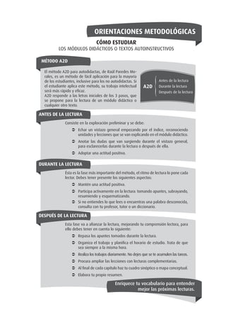 CÓMO ESTUDIAR
LOS MÓDULOS DIDÁCTICOS O TEXTOS AUTOINSTRUCTIVOS
Antes de la lectura
Durante la lectura
Después de la lectura
El método A2D para autodidactas, de Raúl Paredes Mo-
rales, es un método de fácil aplicación para la mayoría
de los estudiantes, inclusive para los no autodidactas. Si
el estudiante aplica este método, su trabajo intelectual
será más rápido y eficaz.
A2D responde a las letras iniciales de los 3 pasos, que
se propone para la lectura de un módulo didáctico o
cualquier otro texto.
Consiste en la exploración preliminar y se debe:
Â
Â Echar un vistazo general empezando por el índice, reconociendo
unidades y lecciones que se van explicando en el módulo didáctico.
Â
Â Anotar las dudas que van surgiendo durante el vistazo general,
para esclarecerlas durante la lectura o después de ella.
Â
Â Adoptar una actitud positiva.
Ésta es la fase más importante del método, el ritmo de lectura lo pone cada
lector. Debes tener presente los siguientes aspectos:
Â
Â Mantén una actitud positiva.
Â
Â Participa activamente en la lectura: tomando apuntes, subrayando,
resumiendo y esquematizando.
Â
Â Si no entiendes lo que lees o encuentras una palabra desconocida,
consulta con tu profesor, tutor o un diccionario.
Esta fase va a afianzar la lectura, mejorando tu comprensión lectora, para
ello debes tener en cuenta lo siguiente:
Â
Â Repasa los apuntes tomados durante la lectura.
Â
Â Organiza el trabajo y planifica el horario de estudio. Trata de que
sea siempre a la misma hora.
Â
Â Realiza los trabajos diariamente. No dejes que se te acumulen las tareas.
Â
Â Procura ampliar las lecciones con lecturas complementarias.
Â
Â Al final de cada capítulo haz tu cuadro sinóptico o mapa conceptual.
Â
Â Elabora tu propio resumen.
Antes de la lectura
Durante la lectura
Después de la lectura
A2D
Enriquece tu vocabulario para entender
mejor las próximas lecturas.
MÉTODO A2D
ORIENTACIONES METODOLÓGICAS
 