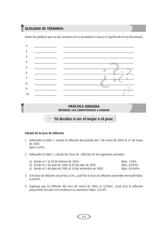 155
¿?¿?
¿?
GLOSARIO DE TÉRMINOS
Anota las palabras que no son comunes en tu vocabulario y busca el significado en un diccionario.
1.	______________	 _____________________________________________
2.	______________	 _____________________________________________
3.	______________	 _____________________________________________
4.	______________	 _____________________________________________
5.	______________	 _____________________________________________
6.	______________	 _____________________________________________
7.	______________	 _____________________________________________
8.	______________	 _____________________________________________
9.	______________	 _____________________________________________
10.	______________	 _____________________________________________
PRÁCTICA DIRIGIDA
REFUERZA LAS COMPETENCIAS A LOGRAR
Tú decides si ser el mejor o el peor.
	
Cálculo de la tasa de inflación
1.	 Utilizando la tabla 1, calcule la inflación del periodo del 1 de enero de 2004 al 31 de mayo
de 2005.
	 Rpta. 0,49%
2.	 Utilizando la tabla 1, calcule las tasas de inflación de los siguientes periodos.
a)	 Desde el 1 al 28 de febrero de 2004. 					 Rpta. 1,04%
b)	 Desde el 1 de julio de 2005 al 20 de julio de 2005. 			 Rpta. 0,054%
c)	 Desde el 1 de julio de 2005 al 18 de setiembre de 2005. 		 Rpta. 0,0160%
3.	 Si la tasa de inflación anual fue 2,5%, ¿cuál fue la tasa de inflación promedio mensual? Rpta.
0,2059%
4.	 Suponga que la inflación del mes de enero de 2006 es 0,258%. ¿Cuál será la inflación
proyectada del año si la tendencia se mantiene? Rpta. 3,014%
 