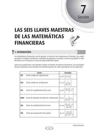 Cálculo financiero
P R O E S A D
157
7
Sesión
las seis llaves maestras
de las matemáticas
financieras
1. INTRODUCCIÓN
Las matemáticas financieras, por lo general, se basa en seis expresiones o fórmulas, las cuales
permiten al analista económico y evaluador de proyectos a manejar en forma apropiada el valor
del dinero en el tiempo y el costo de oportunidad del capital.
Como una unidad estas seis fórmulas reciben el nombre de factores financieros. Los principales
factores financieros que efectúan las transformaciones de valor equivalente son las siguientes:
	
	
	
	
	
	
	
Factor Ecuación
FSC	 Factor simple de capitalización
S P i
n
= +
( )




* 1
FSA	 Factor simple de actualización P S
i
n
=
+
( )








*
1
1
FCS	 Factor de capitalización de la serie S R
i
i
n
=
+
( ) −








*
1 1
FDFA	 Factor de depósito al fondo de amortización R S
i
i
n
=
+
( ) −








*
1 1
FAS	 Factor de actualización de la serie P R
i
i i
n
n
=
+
( ) −
+
( )








*
1 1
1
FRC	 Factor de recuperación del capital R P
i i
i
n
n
=
+
( )
+
( ) −








*
1
1 1
 