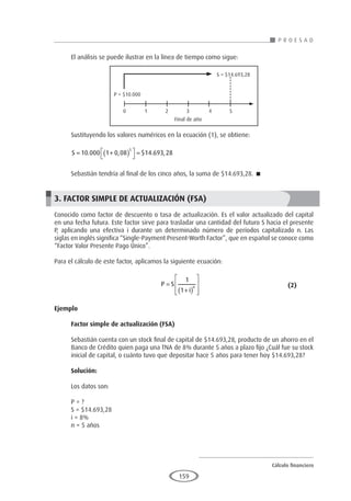 Cálculo financiero
P R O E S A D
159
El análisis se puede ilustrar en la línea de tiempo como sigue:
Sustituyendo los valores numéricos en la ecuación (1), se obtiene:
S = +
( )




=
10 000 1 0 08 14 693 28
5
. , $ . ,
Sebastián tendría al final de los cinco años, la suma de $14.693,28. 
3. FACTOR SIMPLE DE ACTUALIZACIÓN (FSA)
Conocido como factor de descuento o tasa de actualización. Es el valor actualizado del capital
en una fecha futura. Este factor sirve para trasladar una cantidad del futuro S hacia el presente
P, aplicando una efectiva i durante un determinado número de períodos capitalizado n. Las
siglas en inglés significa “Single-Payment Present-Worth Factor”, que en español se conoce como
“Factor Valor Presente Pago Único”.
Para el cálculo de este factor, aplicamos la siguiente ecuación:
					P S
i
n
=
+
( )








1
1
	 				(2)
Ejemplo
	
Factor simple de actualización (FSA)
Sebastián cuenta con un stock final de capital de $14.693,28, producto de un ahorro en el
Banco de Crédito quien paga una TNA de 8% durante 5 años a plazo fijo ¿Cuál fue su stock
inicial de capital, o cuánto tuvo que depositar hace 5 años para tener hoy $14.693,28?
Solución:
Los datos son:
P = ?
S = $14.693,28
i = 8%
n = 5 años
P = $10.000
S = $14.693,28
Final de año
0 1 2 3 4 5
 