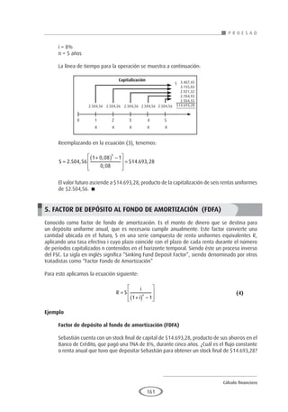 Cálculo financiero
P R O E S A D
161
i = 8%
n = 5 años
La línea de tiempo para la operación se muestra a continuación:
Reemplazando en la ecuación (3), tenemos:
S =
+
( ) −








=
2 504 56
1 0 08 1
0 08
14 693 28
5
. ,
,
,
$ . ,
El valor futuro asciende a $14.693,28, producto de la capitalización de seis rentas uniformes
de $2.504,56. 
5. FACTOR DE DEPÓSITO AL FONDO DE AMORTIZACIÓN (FDFA)
Conocido como factor de fondo de amortización. Es el monto de dinero que se destina para
un depósito uniforme anual, que es necesario cumplir anualmente. Este factor convierte una
cantidad ubicada en el futuro, S en una serie compuesta de renta uniformes equivalentes R,
aplicando una tasa efectiva i cuyo plazo coincide con el plazo de cada renta durante el número
de períodos capitalizados n contenidos en el horizonte temporal. Siendo éste un proceso inverso
del FSC. La sigla en inglés significa “Sinking Fund Deposit Factor”, siendo denominado por otros
tratadistas como “Factor Fondo de Amortización”
Para esto aplicamos la ecuación siguiente:
				 R S
i
i
n
=
+
( ) −








1 1
					(4)
Ejemplo
	
Factor de depósito al fondo de amortización (FDFA)
Sebastián cuenta con un stock final de capital de $14.693,28, producto de sus ahorros en el
Banco de Crédito, que pagó una TNA de 8%, durante cinco años. ¿Cuál es el flujo constante
o renta anual que tuvo que depositar Sebastián para obtener un stock final de $14.693,28?
Capitalización
2.504,56 2.504,56 2.504,56 2.504,56 2.504,56
R R
$
R R R
0 1 2 3 4 5
3.407,43
3.155,03
2.921,32
2.704,93
2.504,55
$14.693,28
 
