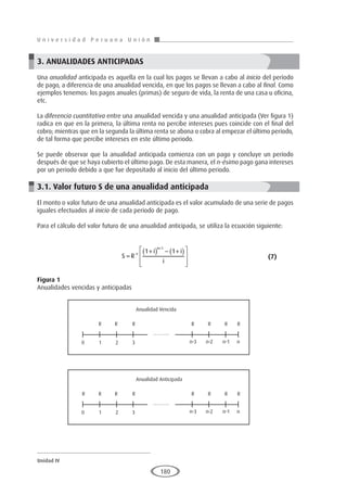 U n i v e r s i d a d P e r u a n a U n i ó n
Unidad IV
180
3. ANUALIDADES ANTICIPADAS
Una anualidad anticipada es aquella en la cual los pagos se llevan a cabo al inicio del período
de pago, a diferencia de una anualidad vencida, en que los pagos se llevan a cabo al final. Como
ejemplos tenemos: los pagos anuales (primas) de seguro de vida, la renta de una casa u oficina,
etc.
La diferencia cuantitativa entre una anualidad vencida y una anualidad anticipada (Ver figura 1)
radica en que en la primera, la última renta no percibe intereses pues coincide con el final del
cobro; mientras que en la segunda la última renta se abona o cobra al empezar el último período,
de tal forma que percibe intereses en este último periodo.
Se puede observar que la anualidad anticipada comienza con un pago y concluye un período
después de que se haya cubierto el último pago. De esta manera, el n-ésimo pago gana intereses
por un periodo debido a que fue depositado al inicio del último periodo.
3.1. Valor futuro S de una anualidad anticipada
El monto o valor futuro de una anualidad anticipada es el valor acumulado de una serie de pagos
iguales efectuados al inicio de cada periodo de pago.
Para el cálculo del valor futuro de una anualidad anticipada, se utiliza la ecuación siguiente:
				S R
i i
i
n
=
+
( ) − +
( )








+
*
1 1
1
				(7)
Figura 1
Anualidades vencidas y anticipadas
Anualidad Vencida
R R R R
0 1 2 3 n-3 n-2 n-1 n
R R R
Anualidad Anticipada
R
R R R R
0 1 2 3 n-3 n-2 n-1 n
R R R
 