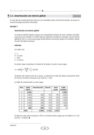 U n i v e r s i d a d P e r u a n a U n i ó n
Unidad IV
202
2.1. Amortización con interés global
En este tipo de amortización los intereses son calculados sobre el total de la deuda, sin tomar en
cuenta los pagos parciales efectuados.
Ejemplo 1	
Amortización con interés global
La señorita Lizbeth Ángeles compra una computadora Pentium IV, marca Toshiba al crédito,
cuyo precio de contado es $4.800, bajo las siguientes condiciones de pago: tasa de interés
global de 48% y 6 meses para pagar dando abonos mensuales iguales en cantidad. Calcule
el valor del abono mensual.
Solución:
Los datos son:
S = ?
P = $4.500
i = 48%
n = 6 meses
En primer lugar calculamos el monto de la deuda, el cual es como sigue:
S = +





 =
4 800 1
0 48
12
6 5 952
.
,
* $ .
Al dividir este monto entre los 6 meses, se obtendrá el valor del abono mensual de $992
(5.952/6). El interés mensual es de 0,48/12 = 0,04.
La tabla de amortización es como sigue:
					
		 	 	 	
	
		
			
El valor de cada cuota mensual es $992 y el interés total a pagar por el crédito es $1.152
($5.952 – $4.800). 
Mes Saldo
inicial
Amortización Interés Total
Cuota
Saldo
insoluto
0 4.800 4.800
1 4.800 800 192 992 4.000
2 4.000 800 192 992 3.200
3 3.200 800 192 992 2.400
4 2.400 800 192 992 1.600
5 1.600 800 192 992 800
6 800 800 192 992 0
Total 4.800 1.152 5.952
 