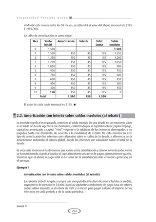 U n i v e r s i d a d P e r u a n a U n i ó n
Unidad IV
204
Al dividir este monto entre los 10 meses, se obtendrá el valor del abono mensual de $195
(1.950/10).
La tabla de amortización es como sigue:
El valor de cada cuota mensual es $195. 
2.2. Amortización con interés sobre saldos insolutos (al rebatir)
Lo insoluto significa lo no pagado, entonces el saldo insoluto de una deuda en un momento dado
es el saldo de deuda vigente a ese momento, conformado por el capital insoluto (capital impago,
capital no amortizado o capital “vivo”) vigente y la totalidad de los intereses devengados y no
pagados hasta ese momento, de acuerdo a la modalidad de crédito. De esta manera en este
tipo de amortización los intereses son calculados sobre el saldo de la deuda, a diferencia de la
amortización utilizando el interés global, donde los intereses son calculados sobre el total de la
deuda.
Es necesario mencionar la diferencia que existe entre amortización y abono. Amortización, como
se ha mencionado, significa liquidar el capital mediante una serie de pagos, generalmente iguales,
mientras que el abono o pago total es la suma de la amortización más el interés generado en
el período.
Ejemplo 1	
Amortización con interés sobre saldos insolutos (al rebatir)
La señorita Lizbeth Ángeles compra una computadora Pentium IV, marca Toshiba al crédito,
cuyo precio de contado es $4,800, bajo las siguientes condiciones de pago: tasa de interés
sobre saldos insolutos o al rebatir de 48% y 6 meses para pagar. Calcule el importe de los
intereses en cada período y de la cuota periódica.
Mes Saldo
inicial
Amortización Interés Total
Cuota
Saldo
insoluto
0 1.500 1.500
1 1.500 150 45 195 1.350
2 1.350 150 45 195 1.200
3 1.200 150 45 195 1.050
4 1.050 150 45 195 900
5 900 150 45 195 750
6 750 150 45 195 600
7 600 150 45 195 450
8 450 150 45 195 300
9 300 150 45 195 150
10 150 150 45 195 0
Total 1.500 450 1.950
 