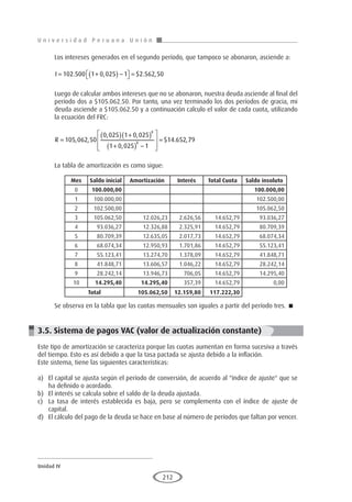 U n i v e r s i d a d P e r u a n a U n i ó n
Unidad IV
212
Los intereses generados en el segundo período, que tampoco se abonaron, asciende a:
I = +
( ) −

 
 =
102 500 1 0 025 1 2 562 50
. , $ . ,
Luego de calcular ambos intereses que no se abonaron, nuestra deuda asciende al final del
período dos a $105.062.50. Por tanto, una vez terminado los dos períodos de gracia, mi
deuda asciende a $105.062.50 y a continuación calculo el valor de cada cuota, utilizando
la ecuación del FRC:
R =
( ) +
( )
+
( ) −








=
105 062 50
0 025 1 0 025
1 0 025 1
14 652
8
8
, ,
, ,
,
$ . ,7
79
La tabla de amortización es como sigue:
Se observa en la tabla que las cuotas mensuales son iguales a partir del período tres. 
3.5. Sistema de pagos VAC (valor de actualización constante)
Este tipo de amortización se caracteriza porque las cuotas aumentan en forma sucesiva a través
del tiempo. Esto es así debido a que la tasa pactada se ajusta debido a la inflación.
Este sistema, tiene las siguientes características:
a)	 El capital se ajusta según el período de conversión, de acuerdo al "índice de ajuste" que se
ha definido o acordado.
b)	 El interés se calcula sobre el saldo de la deuda ajustada.
c)	 La tasa de interés establecida es baja, pero se complementa con el índice de ajuste de
capital.
d)	 El cálculo del pago de la deuda se hace en base al número de períodos que faltan por vencer.
Mes Saldo inicial Amortización Interés Total Cuota Saldo insoluto
0 100.000,00 100.000,00
1 100.000,00 102.500,00
2 102.500,00 105.062,50
3 105.062,50 12.026,23 2.626,56 14.652,79 93.036,27
4 93.036,27 12.326,88 2.325,91 14.652,79 80.709,39
5 80.709,39 12.635,05 2.017,73 14.652,79 68.074,34
6 68.074,34 12.950,93 1.701,86 14.652,79 55.123,41
7 55.123,41 13.274,70 1.378,09 14.652,79 41.848,71
8 41.848,71 13.606,57 1.046,22 14.652,79 28.242,14
9 28.242,14 13.946,73 706,05 14.652,79 14.295,40
10 14.295,40 14.295,40 357,39 14.652,79 0,00
Total 105.062,50 12.159,80 117.222,30
 