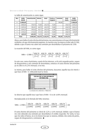 U n i v e r s i d a d P e r u a n a U n i ó n
Unidad IV
220
La tabla de amortización es como sigue:
	
Ahora, para hallar el costo efectivo del préstamo, nos concentramos en lo que efectivamente
recibimos y lo que efectivamente pagamos. En nuestro caso, la empresa recibe solo $2.900,
debido a que el banco nos cobró una comisión por desembolsar el préstamo de $100.
La ecuación del VAN, es como sigue:
VAN
i i i
= − +
+
( )
+
+
( )
+
+
( )
+
+
2 900
658 74
1
658 74
1
658 74
1
658 74
1
1 2 3
.
, , , ,
i
i i
( )
+
+
( )








4 5
658 74
1
,
En este caso, como al préstamo, a parte de los intereses, se le está cargando portes, seguro
de desgravamen y una comisión de desembolso, entonces el costo efectivo del préstamo
ya no sólo es el 2,5% mensual, si no mas.
Lo mismo, para hallar el costo efectivo del préstamo, buscamos aquella tasa de interés i
que hace al VAN = 0. Utilizando Excel se tiene:
La entrada de la celda B8 es =TIR(B2:B7).
Se observa que aquella tasa i que hace al VAN = 0 es de 4,40% mensual.
Reemplazando en la fórmula del VAN, tenemos:
VAN = − +
( )
+
( )
+
( )
+
2 900
658 74
1 044
658 74
1 044
658 74
1 044
65
1 2 3
.
,
,
,
,
,
,
8
8 74
1 044
658 74
1 044
0
4 5
,
,
,
,
$
( )
+
( )








=
El costo efectivo del préstamo se elevó de 3,2% a 4,4% mensual, debido a que el banco
me está cobrando una comisión por desembolsar el crédito requerido. Por tanto, la tasa
que me cobra el banco, no es la misma tasa que se anuncia, debido a los costos de portes,
seguro de desgravamen y comisiones. 
Mes Saldo
inicial
Amortización Interés Total Portes y
Seguros
Comisión Total
Cuota
Saldo
insoluto
0 3.000,00 100,00 3.000,00
1 3.000,00 570,74 75,00 645,74 13,00 658,74 2.429,26
2 2.429,26 585,01 60,73 645,74 13,00 658,74 1.844,25
3 1.844,25 599,63 46,11 645,74 13,00 658,74 1.244,62
4 1.244,62 614,63 31,12 645,74 13,00 658,74 629,99
5 629,99 629,99 15,75 645,74 13,00 658,74 0,00
Total 3.000,00 228,70 3.228,70 65,00 100,00 3.293,70
 