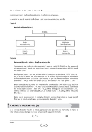 U n i v e r s i d a d P e r u a n a U n i ó n
Unidad I
24
régimen de interés multicapitalizado como el del interés compuesto.
Lo anterior se puede apreciar en la figura 1, así como con un ejemplo sencillo.
Figura 1
Capitalización del interés
		 	
Ejemplo	
Comparación entre interés simple y compuesto
Supongamos que podemos colocar durante 5 años un capital de $1.000 en dos bancos, el
primero en interés simple y el segundo en interés compuesto, con una tasa del 10% anual
en ambos casos.
En el primer banco, cada año, el capital inicial produciría un interés de 1.000*10%=100.
Así, al acabar el primer año tendríamos $1.100. Al final del segundo año (al no acumularse
el interés) tendríamos $1.200 (el capital sobre el que calculamos el interés permanece
constante $1.000, y al final del tercero $1.300, del cuarto $1.400 y del quinto $1.500.
En el segundo banco el primer año obtendríamos un interés de 1.000*10%=100 y al acabar
el primer año tendríamos $1.100. Para calcular el interés en el segundo año (al acumularse
los intereses) tendríamos 1.100*10%=110, y al final del segundo año tendríamos $1.210.
Al final del tercer año tendríamos $1.331, al final del cuarto $1.464,10 y al final del quinto
$1.610,51.
Como puede observarse en el ejemplo, el interés compuesto produce un mayor capital
final que el interés simple para un mismo capital, duración y tanto.
4. MONTO O VALOR FUTURO (S)
Si se conoce el capital inicial y el interés generado hasta determinado momento, el monto o
valor futuro para ese tiempo se puede calcular con la siguiente fórmula:
				S = P + I 					(3)
INTERÉS
Múltiples
Capitalizaciones
Única
Capitalización
Interés
Simple
Interés
Compuesto
 