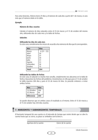 Cálculo financiero
P R O E S A D
29
Mes Días
Marzo
Abril
Mayo
Junio
Julio
Agosto
Setiembre
Octubre
6 (31 - 25)
30
31
30
31
31
30
15
Total 204
Mes Días
15/Octubre
25/Marzo
288
84
Diferencia 204
Para años bisiestos, febrero tiene 29 días y el número de cada día a partir del 1 de marzo, es uno
más que el número dado en la tabla.
Ejemplo
	
Número de días: exactos
Calcular el número de días naturales entre el 25 de marzo y el 15 de octubre del mismo
año, utilizando días de cada mes y la tabla de fechas.
Solución:
Utilizando los días de cada mes
En este caso, consideramos los meses de acuerdo a los números de días que le corresponden.
Utilizando las tablas de fechas
En este caso, la solución es mucho más sencilla, simplemente nos ubicamos en la tabla de
fecha y buscamos las fechas del problema. Encontramos en ella que para el 15 de octubre
la tabla muestra 288 días y para el 25 de marzo 84 días. Se procede entonces a restar
ambas fechas.
Se puede observar que en ambos casos el resultado es el mismo. Entre el 15 de marzo y
el 15 de octubre hay 204 días exactos.
7. HORIZONTES Y SUBHORIZONTES TEMPORALES
El horizonte temporal de una cuenta es el intervalo de tiempo que existe desde que se abre la
cuenta hasta que se cierra; su plazo se simboliza con la letra n.
					 n
		 Apertura de la cuenta			 Cierre de la cuenta
 