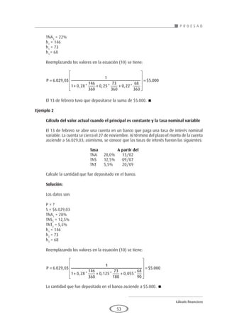Cálculo financiero
P R O E S A D
53
TNA3
= 22%
h1
= 146
h1
= 73
h1
= 68
Reemplazando los valores en la ecuación (10) se tiene:
P =
+ + +












6 029 03
1
1 0 28
146
360
0 25
73
360
0 22
68
360
. ,
, * , * , *
=
= $ .
5 000
El 13 de febrero tuvo que depositarse la suma de $5.000. 
Ejemplo 2
	
Cálculo del valor actual cuando el principal es constante y la tasa nominal variable
El 13 de febrero se abre una cuenta en un banco que paga una tasa de interés nominal
variable. La cuenta se cierra el 27 de noviembre. Al término del plazo el monto de la cuenta
asciende a $6.029,03; asimismo, se conoce que las tasas de interés fueron las siguientes:
				Tasa		A partir del
				 TNA	 28,0%	 13/02
				 TNS	 12,5%	 09/07
				 TNT	 5,5%	 20/09
Calcule la cantidad que fue depositado en el banco.
Solución:
Los datos son:
P = ?
S = $6.029,03
TNA1
= 28%
TNS2
= 12,5%
TNT3
= 5,5%
h1
= 146
h2
= 73
h3
= 68
Reemplazando los valores en la ecuación (10) se tiene:
P =
+ + +











6 029 03
1
1 0 28
146
360
0 125
73
180
0 055
68
90
. ,
, * , * , *


= $ .
5 000
La cantidad que fue depositado en el banco asciende a $5.000. 
 