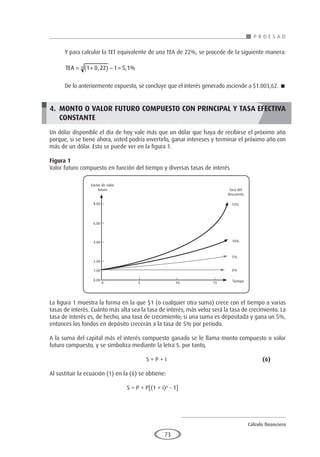 Cálculo financiero
P R O E S A D
73
Y para calcular la TET equivalente de una TEA de 22%, se procede de la siguiente manera:
TEA = +
( ) − =
1 0 22 1 5 1
4 , , %
De lo anteriormente expuesto, se concluye que el interés generado asciende a $1.003,62. 
4.	 MONTO O VALOR FUTURO COMPUESTO CON PRINCIPAL Y TASA EFECTIVA
CONSTANTE
Un dólar disponible el día de hoy vale más que un dólar que haya de recibirse el próximo año
porque, si se tiene ahora, usted podría invertirlo, ganar intereses y terminar el próximo año con
más de un dólar. Esto se puede ver en la figura 1.
Figura 1
Valor futuro compuesto en función del tiempo y diversas tasas de interés
La figura 1 muestra la forma en la que $1 (o cualquier otra suma) crece con el tiempo a varias
tasas de interés. Cuánto más alta sea la tasa de interés, más veloz será la tasa de crecimiento. La
tasa de interés es, de hecho, una tasa de crecimiento; si una suma es depositada y gana un 5%,
entonces los fondos en depósito crecerán a la tasa de 5% por período.
A la suma del capital más el interés compuesto ganado se le llama monto compuesto o valor
futuro compuesto, y se simboliza mediante la letra S. por tanto,
					S = P + I 					(6)
Al sustituir la ecuación (1) en la (6) se obtiene:
				 S = P + P[(1 + i)n
- 1]
Factor de valor
futuro Tasa del
descuento
8.00
6.00
4.00
2.00
1.00
0.00
0 5 10 15 Tiempo
0%
5%
10%
15%
 