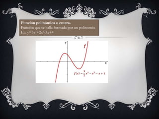 Función polinómica o entera.
Función que se halla formada por un polinomio.
Ej.: y=3x³+2x²-3x+4
 