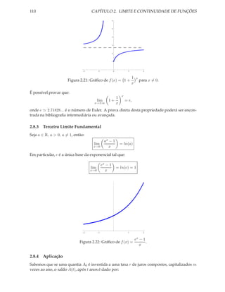 110                                CAPÍTULO 2. LIMITE E CONTINUIDADE DE FUNÇÕES

                                                       6




                                                       5




                                                       4




                                                       3




                                                       2




                                                       1




                               4         2                 0             2             4



                                                                             1   x
                      Figura 2.21: Gráﬁco de f (x) = 1 +                             para x = 0.
                                                                             x

É possível provar que:
                                                                    x
                                                               1
                                         lim      1+                    = e,
                                     x→±∞                      x
onde e ≃ 2.71828... é o número de Euler. A prova direta desta propriedade poderá ser encon-
trada na bibliograﬁa intermediária ou avançada.

2.8.3 Terceiro Limite Fundamental
Seja a ∈ R, a > 0, a = 1, então:
                                               ax − 1
                                     lim                           = ln(a)
                                    x→0          x

Em particular, e é a única base da exponencial tal que:

                                              ex − 1
                                   lim                         = ln(e) = 1
                                   x→0           x




                                                       1




                               2          1                              1             2


                                                                                 ex − 1
                             Figura 2.22: Gráﬁco de f (x) =                             .
                                                                                    x

2.8.4 Aplicação
Sabemos que se uma quantia A0 é investida a uma taxa r de juros compostos, capitalizados m
vezes ao ano, o saldo A(t), após t anos é dado por:
 