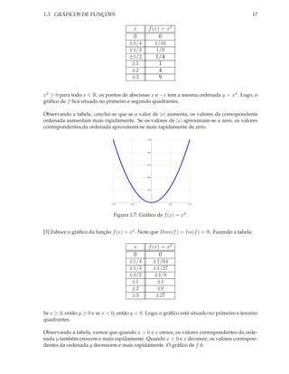 1.3. GRÁFICOS DE FUNÇÕES                                                                      17

                                       x       f (x) = x2
                                        0           0
                                      ±1/4        1/16
                                      ±1/3         1/9
                                      ±1/2         1/4
                                       ±1           1
                                       ±2           4
                                       ±3           9


x2 ≥ 0 para todo x ∈ R, os pontos de abscissas x e −x tem a mesma ordenada y = x2 . Logo, o
gráﬁco de f ﬁca situado no primeiro e segundo quadrantes.

Observando a tabela, conclui-se que se o valor de |x| aumenta, os valores da correspondente
ordenada aumentam mais rapidamente. Se os valores de |x| aproximam-se a zero, os valores
correspondentes da ordenada aproximam-se mais rapidamente de zero.

                                               1.0




                                               0.8




                                               0.6




                                               0.4




                                               0.2




                               1.0     0.5              0.5         1.0




                               Figura 1.7: Gráﬁco de f (x) = x2 .


[3] Esboce o gráﬁco da função f (x) = x3 . Note que Dom(f ) = Im(f ) = R. Fazendo a tabela:

                                       x       f (x) = x3
                                        0           0
                                      ±1/4       ±1/64
                                      ±1/3       ±1/27
                                      ±1/2        ±1/8
                                       ±1          ±1
                                       ±2          ±8
                                       ±3         ±27


Se x ≥ 0, então y ≥ 0 e se x < 0, então y < 0. Logo, o gráﬁco está situado no primeiro e terceiro
quadrantes.

Observando a tabela, vemos que quando x > 0 e x cresce, os valores correspondentes da orde-
nada y também crescem e mais rapidamente. Quando x < 0 e x decresce, os valores correspon-
dentes da ordenada y decrescem e mais rapidamente. O gráﬁco de f é:
 