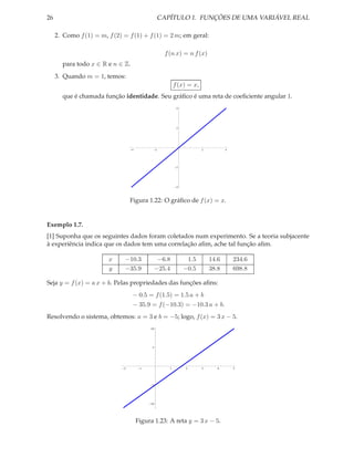 26                                                  CAPÍTULO 1. FUNÇÕES DE UMA VARIÁVEL REAL

     2. Como f (1) = m, f (2) = f (1) + f (1) = 2 m; em geral:

                                                      f (n x) = n f (x)
       para todo x ∈ R e n ∈ Z.
     3. Quando m = 1, temos:
                                                            f (x) = x,
       que é chamada função identidade. Seu gráﬁco é uma reta de coeﬁciente angular 1.
                                                             4




                                                             2




                                  4             2                        2          4




                                                             2




                                                             4




                                  Figura 1.22: O gráﬁco de f (x) = x.


Exemplo 1.7.
[1] Suponha que os seguintes dados foram coletados num experimento. Se a teoria subjacente
à experiência indica que os dados tem uma correlação aﬁm, ache tal função aﬁm.

                        x      −10.3             −6.8             1.5        14.6       234.6
                        y      −35.9            −25.4            −0.5        38.8       698.8

Seja y = f (x) = a x + b. Pelas propriedades das funções aﬁns:
                                   − 0.5 = f (1.5) = 1.5 a + b
                                   − 35.9 = f (−10.3) = −10.3 a + b.
Resolvendo o sistema, obtemos: a = 3 e b = −5; logo, f (x) = 3 x − 5.
                                           10




                                            5




                              2        1                1        2       3     4        5




                                            5




                                           10




                                      Figura 1.23: A reta y = 3 x − 5.
 