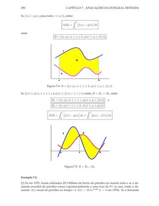 290                                              CAPÍTULO 7. APLICAÇÕES DA INTEGRAL DEFINIDA

Se f (x) ≥ g(x), para todo x ∈ [a, b], então:

                                                           b
                                        A(R) =                 f (x) − g(x) dx
                                                       a

onde
                            R = {(x, y) / a ≤ x ≤ b, g(x) ≤ y ≤ f (x)}




                                            f


                                                           R




                                    g

                                a                                                  b

                      Figura 7.4: R = {(x, y) / a ≤ x ≤ b, g(x) ≤ y ≤ f (x)}.

Se f (x) ≥ g(x), a ≤ x ≤ c e g(x) ≥ f (x), c ≤ x ≤ b; então, R = R1 ∪ R2 , onde:

                          R1 = {(x, y) / a ≤ x ≤ c, g(x) ≤ y ≤ f (x)}                      e
                          R2 = {(x, y) / c ≤ x ≤ b, f (x) ≤ y ≤ g(x)}

                                        c                                  b
                       A(R) =                   f (x) − g(x) dx +              g(x) − f (x) dx
                                    a                                  c




                                            f                      g




                                    a                          c                    b




                                                Figura 7.5: R = R1 ∪ R2 .


Exemplo 7.2.
[1] Se em 1970, foram utilizados 20.3 bilhões de barris de petróleo no mundo todo e se a de-
manda mundial de petróleo cresce exponencialmente a uma taxa de 9% ao ano, então a de-
manda A(t) anual de petróleo no tempo t é A(t) = 20.3 e0.09t (t = 0 em 1970). Se a demanda
 