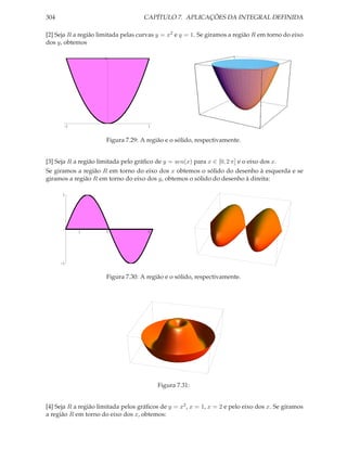 304                                  CAPÍTULO 7. APLICAÇÕES DA INTEGRAL DEFINIDA

[2] Seja R a região limitada pelas curvas y = x2 e y = 1. Se giramos a região R em torno do eixo
dos y, obtemos

                      1




       -1                              1


                       Figura 7.29: A região e o sólido, respectivamente.


[3] Seja R a região limitada pelo gráﬁco de y = sen(x) para x ∈ [0, 2 π] e o eixo dos x.
Se giramos a região R em torno do eixo dos x obtemos o sólido do desenho à esquerda e se
giramos a região R em torno do eixo dos y, obtemos o sólido do desenho à direita:

       1




            1          3              6




      -1


                       Figura 7.30: A região e o sólido, respectivamente.




                                           Figura 7.31:


[4] Seja R a região limitada pelos gráﬁcos de y = x2 , x = 1, x = 2 e pelo eixo dos x. Se giramos
a região R em torno do eixo dos x, obtemos:
 