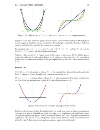 1.8. FUNÇÕES PARES E ÍMPARES                                                                  35

                                                                        1




                      1


                                                        1                                 1




         1.0    0.5   0.0    0.5   1.0                                  1




    Figura 1.37: Gráﬁcos de y = f (x) = xn para n = 2, 4, 6 e n = 1, 3, 5, respectivamente.

Algumas vezes, para esboçar o gráﬁco de uma função é conveniente veriﬁcar se a função é par
ou ímpar, pois a simetria presente nos gráﬁcos destas funções facilitará o desenho. Note que
existem muitas funções que não são pares e nem ímpares.

Por exemplo, seja f (x) = x2 + x; como Dom(f ) = R e f (−x) = x2 − x; logo, f (−x) = f (x) e
f (−x) = −f (x); então, f não é função par nem ímpar.

Achar os x tais que f (x) > b é equivalente a determinar os elementos do Dom(f ) tal que os
pontos do gráﬁco de f , estão acima da reta y = b. Achar os x tais que f (x) < b é equivalente
a determinar os elementos do Dom(f ) tal que os pontos do gráﬁco de f , estão abaixo da reta
y = b.


Exemplo 1.11.

[1] Se f (x) = x2 , então, achar x tal que f (x) > 1 é equivalente a determinar os elementos do
Dom(f ) tal que os pontos do gráﬁco de f , estão acima da reta y = 1.

[2] f (x) = x2 (x − 1); então, achar x tal que f (x) < 0 é equivalente a determinar os elementos
do Dom(f ) tal que os pontos do gráﬁco de f , estão abaixo da reta y = 0.

                                                                  1




                                                        1                       1




                Figura 1.38: Gráﬁcos dos exemplos [1] e [2], respectivamente.

Podemos aﬁrmar que o gráﬁco de uma função é, em geral, uma curva no plano coordenado; a
recíproca nem sempre é verdadeira, isto é, nem toda curva no plano coordenado (ou conjunto
do plano) é o gráﬁco de alguma função. Geometricamente uma curva no plano coordenado é
o gráﬁco de uma função se toda reta paralela ao eixo dos y intersecta a curva no máximo num
ponto (por que?). Por exemplo, a seguinte curva não representa uma função:
 