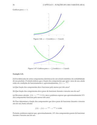 56                                           CAPÍTULO 1. FUNÇÕES DE UMA VARIÁVEL REAL

Gráﬁcos para a > 1:

                                                   6




                                                   5




                                                   4




                                                   3




                                                   2




                                                   1




                             2           1             0           1          2




                            Figura 1.66: a = 2 (verde) e a = 3 (azul).


                                                   4




                                                   3




                                                   2




                                                   1




                             2           1                         1          2




                                                           1
                      Figura 1.67: Gráﬁcos para a =        2   (verde) e a = 2 (azul).


Exemplo 1.21.

[1] Um fabricante de certos componentes eletrônicos fez um estudo estatístico da conﬁabilidade
do seu produto. O estudo indicou que a fração dos componentes que após t anos de uso, ainda
estão em condições de funcionamento é, aproximadamente, f (t) = e−0.2 t .

(a) Que fração dos componentes deve funcionar pelo menos por três anos?

(b) Que fração dos componentes deve parar de funcionar durante o terceiro ano de uso?

(a) Devemos calcular: f (3) = e−0.6 ∼ 0.54, isto é, podemos esperar que aproximadamente 55%
                                    =
dos componentes funcione pelo menos três anos.

(b) Para determinar a fração dos componentes que deve parar de funcionar durante o terceiro
ano de uso, basta calcular:

                                 f (3) − f (4) = e−0.6 − e−0.8 ∼ 0.099.
                                                               =

Portanto, podemos esperar que, aproximadamente, 10% dos componentes parem de funcionar
durante o terceiro ano de uso.
 