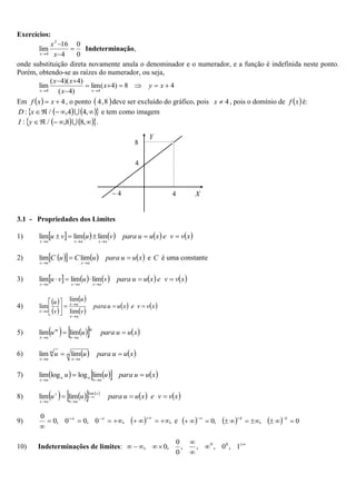 Exercícios:
0
0
4
16
lim
2
4



 x
x
x
Indeterminação,
onde substituição direta novamente anula o denominador e o numerador, e a função é indefinida neste ponto.
Porém, obtendo-se as raízes do numerador, ou seja,
4
8
)
4
(
lim
)
4
(
)
4
)(
4
(
lim
4
4











x
y
x
x
x
x
x
x
Em   4

 x
x
f , o ponto  
8
,
4 deve ser excluído do gráfico, pois 4

x , pois o domínio de  
x
f é:
   
 




 ,
4
4
,
/
: 
x
D e tem como imagem
   
 




 ,
8
8
,
/
: 
y
I .
3.1 - Propriedades dos Limites
1)          
x
v
v
e
x
u
u
para
v
u
v
u
a
x
a
x
a
x








lim
lim
lim
2)  
     
x
u
u
para
u
C
u
C
a
x
a
x




lim
lim e C é uma constante
3)          
x
v
v
e
x
u
u
para
v
u
v
u
a
x
a
x
a
x








lim
lim
lim
4)
 
 
 
 
   
x
v
v
e
x
u
u
para
v
u
v
u
a
x
a
x
a
x











 lim
lim
lim
5)    
   
x
u
u
para
u
u
m
a
x
m
a
x




lim
lim
6)    
x
u
u
para
u
u m
a
x
m
a
x




lim
lim
7)    
   
x
u
u
para
u
u
a
x
a
a
a
x




lim
log
log
lim
8)    
   
   
x
v
v
e
x
u
u
para
u
u
v
a
x
v
a
x
a
x 

 


lim
lim
lim
9)   ,
,
0
,
0
0
,
0
0















e       0
,
,
0 











 k
k
10) Indeterminações de limites: 








 1
,
0
,
,
,
0
0
,
0
, 0
0
Y
X
4
4
4

8
 