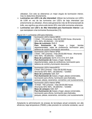 38
utilizaban. Con esto se obtenemos un mejor ángulo de iluminación interior,
mas no deslumbra directamente.
 Luminarias con LED´s de alta intensidad: Utilizan las luminarias con LED’s
de 0.5W en vez de las luminarias con LED’s de baja intensidad que
anteriormente se utilizaban. Ahora está generando más de 80 lúmenes/watt de
brillo, eso significa que ahora está dando 50% más brillo luminarias anteriores.
 Luminarias con LED´s de Alta Intensidad para Iluminación Interior: Las
que reemplazan a las luminarias fluorescentes [13].
Figura 3.5.1. Luminarias LED para interiores.
Iluminación LED’s Interior MR16
3 Watt - 170 Lúmenes -Vida Útil 50,000 Horas- Ahorrando
50%~80%- 85-264VAC - 12V AC/DC
Base de Luminaria: GU5.3
Para Iluminación de Casas y hogar, tiendas
departamentales, salas de conferencia, iluminación para
tableros de control y iluminación decorativa.
Iluminación LED’s Interior SP50
3 Watt - 190 Lúmenes - Vida Útil 50,000 Horas - Ahorrando
50%~80% - 85-264VAC - 12/24DC
Base de Luminaria: GU10, E12, E14, E17, E26
Para Iluminación de Casas y hogar, tiendas
departamentales, salas de conferencia, iluminación para
tableros de control y iluminación decorativa.
Iluminación LED’s InteriorSP70
5 Watt -250 Lúmenes - Vida Útil 50,000 Horas -
Ahorrando 50%~80% - 85-264VAC - 12/24DC
Base de Luminaria: E26, E27
Para Iluminación de Casas y hogar, plazas comerciales,
iluminación para oficina, iluminación para festivales,
parques, plazas, escenarios, conciertos y así sucesivamente
Iluminación LED’s Interior SP80
15 Watt - 750 Lúmenes - Vida Útil 50,000 Horas
Ahorrando 50%~80% - 85-264VAC - 12/24DC
Base de Lámpara: E26, E27
Para Iluminación de Casas y hogar, plazas comerciales,
iluminación para oficina, iluminación para festivales,
parques, plazas, escenarios, conciertos y así sucesivamente
Adoptando la administración de energía de tecnología actual constante con alta
eficiencia, baja temperatura (7000K) y alta precisión en corriente constante; usa el
 