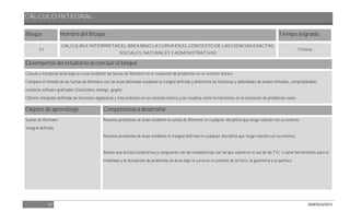 CÁLCULO INTEGRAL
23 DGB/DCA/2013
Bloque Nombre del Bloque Tiempo asignado
III
CALCULAS E INTERPRETAS EL ÁREA BAJO LA CURVA EN EL CONTEXTO DE LAS CIENCIAS EXACTAS,
SOCIALES, NATURALES Y ADMINISTRATIVAS
12 horas
Desempeños del estudiante al concluir el bloque
Calcula e interpreta áreas bajo la curva mediante las Sumas de Riemann en la resolución de problemas en un entorno teórico.
Compara el método de las Sumas de Riemann con las áreas obtenidas mediante la integral definida y determina las fortalezas y debilidades de ambos métodos, comprobándolo
mediante software graficador (GeoGebra, mathgv, graph).
Obtiene integrales definidas de funciones algebraicas y trascendentes en un contexto teórico y las visualiza como herramientas en la resolución de problemas reales.
Objetos de aprendizaje Competencias a desarrollar
Sumas de Riemann.
Integral definida.
Resuelve problemas de áreas mediante la sumas de Riemann en cualquier disciplina que tenga relación con su entorno.
Resuelve problemas de áreas mediante la integral definida en cualquier disciplina que tenga relación con su entorno.
Asume una actitud constructiva y congruente con las competencias con las que cuenta en el uso de las TIC´s como herramientas para el
modelado y la simulación de problemas de áreas bajo la curva en el contexto de la física, la geometría y la química.
 