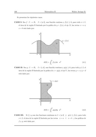 100 Matem´atica II Walter Arriaga D.
Se presentan los siguientes casos:
CASO I: Sea f : I −→ R, I = [a, b], una funci´on continua y f(x) ≥ 0, para todo x ∈ I,
el ´area de la regi´on Ω limitada por la gr´aﬁca de y = f(x), el eje X, las rectas x = a y
x = b est´a dado por:
X
Y
Ω
y = f(x)
a 0 b
A(Ω) =
b
a
f(x)dx u2
(4.1)
CASO II: Sea g : I −→ R, I = [c, d], una funci´on continua y g(y) ≥ 0, para todo y ∈ I, el
´area de la regi´on Ω limitada por la gr´aﬁca de x = g(y), el eje Y , las rectas y = c y y = d
est´a dado por:
X
Y
Ω
x = g(y)
c
0
d
A(Ω) =
d
c
g(y)dy u2
(4.2)
CASO III: Si f y g son dos funciones cont´ınuas en I = [a, b] y g(x) ≤ f(x), para todo
x ∈ I, el ´area de la regi´on Ω limitada por las rectas x = a ∧ x = b y las gr´aﬁcas de
f y g, est´a dada por:
 