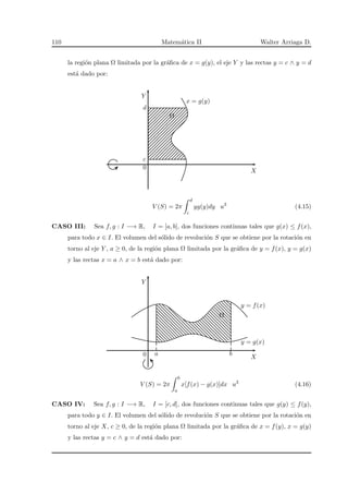 110 Matem´atica II Walter Arriaga D.
la regi´on plana Ω limitada por la gr´aﬁca de x = g(y), el eje Y y las rectas y = c ∧ y = d
est´a dado por:
X
Y
Ω
x = g(y)
c
0
d
V (S) = 2π
d
c
yg(y)dy u3
(4.15)
CASO III: Sea f, g : I −→ R, I = [a, b], dos funciones continuas tales que g(x) ≤ f(x),
para todo x ∈ I. El volumen del s´olido de revoluci´on S que se obtiene por la rotaci´on en
torno al eje Y , a ≥ 0, de la regi´on plana Ω limitada por la gr´aﬁca de y = f(x), y = g(x)
y las rectas x = a ∧ x = b est´a dado por:
X
Y
Ω
y = f(x)
y = g(x)
a0 b
V (S) = 2π
b
a
x[f(x) − g(x)]dx u3
(4.16)
CASO IV: Sea f, g : I −→ R, I = [c, d], dos funciones continuas tales que g(y) ≤ f(y),
para todo y ∈ I. El volumen del s´olido de revoluci´on S que se obtiene por la rotaci´on en
torno al eje X, c ≥ 0, de la regi´on plana Ω limitada por la gr´aﬁca de x = f(y), x = g(y)
y las rectas y = c ∧ y = d est´a dado por:
 