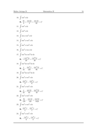 Walter Arriaga D. Matem´atica II 51
10. cos4
x dx
R.
3x
8
+
sen 2x
4
+
sen 4x
32
+ C
11. cos5
x dx
12. cos6
x dx
13. sen x cos2
x dx
14. sen2
x cos2
x dx
15. sen3
x cos2
x dx
16. sen3
x cos x dx
17. sen3
5x cos3
5x dx
R.
− cos4 5x
20
+
cos6 5x
30
+ C
18. sen4
2x cos2
2x dx
R.
x
16
−
sen8 x
128
−
sen3 4x
96
+ C
19. sen2
3x cos4
3x dx
20. sen3
x cos3
x dx
R.
sen4 x
4
−
sen6 x
6
+ C
21. sen4
x cos2
x dx
R.
x
16
−
sen 4x
64
−
sen3 2x
48
+ C
22. sen4
x cos4
x dx
R.
3x
128
−
sen 4x
128
+
sen 8x
1024
+ C
23. sen4
x cos3
x dx
R.
sen5 x
5
−
sen7 x
7
+ C
24. sen3
x cos5
x dx
R. −
cos6 x
6
+
cos8 x
8
+ C
 