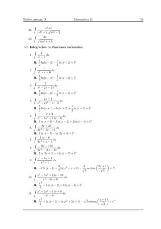 Walter Arriaga D. Matem´atica II 59
49.
ex dx
(e2x − 1)
√
e2x − 2
50.
dx
√
tan2 x + 5
VI. Integraci´on de funciones racionales:
1.
2
x2 − 4
dx
R.
1
2
ln |x − 2| −
1
2
ln |x + 2| + C
2.
1
x2 − x − 6
dx
R.
1
5
ln |x − 3| −
1
5
ln |x + 2| + C
3.
5
x2 − 2x − 24
dx
R.
1
2
ln |x − 6| −
1
2
ln |x + 4| + C
4.
2x + 1
x3 + 2x2 − x − 2
dx
R.
1
2
ln |x + 1| − ln |x + 2| +
1
2
ln |x − 1| + C
5.
x + 3
x3 − 6x2 + 11x − 6
dx
R. 3 ln |x − 3| − 5 ln |x − 2| + 2 ln |x − 1| + C
6.
8x + 25
2x2 − 7x − 15
dx
R. 5 ln |x − 5| − ln |2x + 3| + C
7.
11x − 6
2x2 + x − 6
dx
8.
6x − 110
2x2 − 11x − 21
dx
R. 7 ln |2x + 3| − 4 ln |x − 7| + C
9.
x2 − 6x − 1
x3 − 1
dx
R. −2 ln |x − 1| +
3
2
ln |x2 + x + 1| −
5
√
3
arctan
2x + 1
√
3
+ C
10.
x3 − 5x2 + 15x − 24
x2 − 5x + 6
dx
R.
x2
2
+ 6 ln |x − 2| + 3 ln |x − 3| + C
11.
x4 + 3x2 − 11x + 6
x3 − 8
dx
R.
x2
2
+ ln |x − 2| + ln |x2 + 2x + 4| −
√
3 arctan
x + 1
√
3
+ C
 