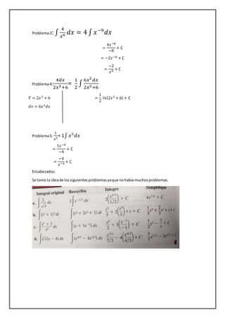 Problema3: ∫
4
𝑥9 𝑑𝑥 = 4 ∫ 𝑥−9
𝑑𝑥
=
4𝑥−8
−8
+ ∁
= −2𝑥−8 + ∁
=
−2
𝑥8 + ∁
Problema4:
4𝑑𝑥
2𝑥3+6
=
1
2
∫
6𝑥2
𝑑𝑥
2𝑥3+6
=
1
2
𝑙𝑛|2𝑥3 + 6| + ∁
Problema5:
1
𝑥5
= 1∫ 𝑥5
𝑑𝑥
Encabezados:
Se tomo la ideade lossiguientesproblemasyaque nohabía muchosproblemas.
𝑉 = 2𝑥3 + 6
𝑑𝑣 = 6𝑥2 𝑑𝑥
=
1𝑥−4
−4
+ ∁
=
−4
𝑥−4 + ∁
 