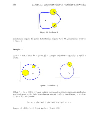 100                      CAPÍTULO 3. CONJUNTOS ABERTOS, FECHADOS E FRONTEIRA


                                                      x




                                           A




                                     Figura 3.6: Bordo de A.


Denotamos o conjunto dos pontos da fronteira do conjunto A por ∂A. Um conjunto é aberto se
A ∩ ∂A = φ.



Exemplo 3.2.


[1] Se A = B(x, r) então ∂A = {y/d(x, y) = r}; logo o conjunto C = {y/d(x, y) ≤ r} não é
aberto.




                         A                                                  C




                                    Figura 3.7: Exemplo [2].


[2] Seja A = {(x, y) ∈ R2 /x > 0}; este conjunto corresponde ao primeiro e ao quarto quadrantes
sem incluir a reta x = 0 e é aberto no plano; de fato, seja (x, y) ∈ A e escolhamos r = x > 0; se
(x1 , y1 ) ∈ B((x, y), r) temos:


                   |x − x1 | =   (x − x1 )2 ≤   (x − x1 )2 + (y − y1 )2 < r = x.


Logo x1 > 0 e B((x, y), r) ⊂ A; note que ∂A = {(0, y)/y ∈ R}.
 