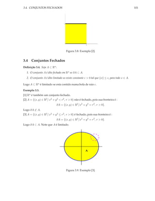 3.4. CONJUNTOS FECHADOS                                                                        101




                                    1




                                                        1


                                        Figura 3.8: Exemplo [2].


3.4 Conjuntos Fechados
Deﬁnição 3.4. Seja A ⊂ Rn :
   1. O conjunto A é dito fechado em Rn se ∂A ⊂ A.
   2. O conjunto A é dito limitado se existe constante c > 0 tal que x ≤ c, para todo x ∈ A.

Logo A ⊂ Rn é limitado se esta contido numa bola de raio c.

Exemplo 3.3.
[1] Rn é também um conjunto fechado.
[2] A = {(x, y) ∈ R2 / x2 + y 2 < r 2 , r > 0} não é fechado, pois sua fronteira é :
                             ∂A = {(x, y) ∈ R2 /x2 + y 2 = r 2 , r > 0}.
Logo ∂A ⊂ A.
[3] A = {(x, y) ∈ R2 / x2 + y 2 ≤ r 2 , r > 0} é fechado, pois sua fronteira é :
                             ∂A = {(x, y) ∈ R2 /x2 + y 2 = r 2 , r > 0}.
Logo ∂A ⊂ A. Note que A é limitado.




                                                       A




                                        Figura 3.9: Exemplo [3].
 