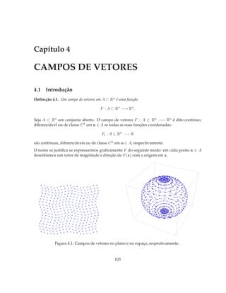 Capítulo 4

CAMPOS DE VETORES

4.1 Introdução
Deﬁnição 4.1. Um campo de vetores em A ⊂ Rn é uma função

                                     F : A ⊂ Rn −→ Rn .

Seja A ⊂ Rn um conjunto aberto. O campo de vetores F : A ⊂ Rn −→ Rn é dito contínuo,
diferenciável ou de classe C k em u ∈ A se todas as suas funções coordenadas:

                                      Fi : A ⊂ Rn −→ R

são contínuas, diferenciáveis ou de classe C k em u ∈ A, respectivamente.
O nome se justiﬁca se expressarmos graﬁcamente F do seguinte modo: em cada ponto x ∈ A
desenhamos um vetor de magnitude e direção de F (x) com a origem em x.




           Figura 4.1: Campos de vetores no plano e no espaço, respectivamente.



                                             103
 