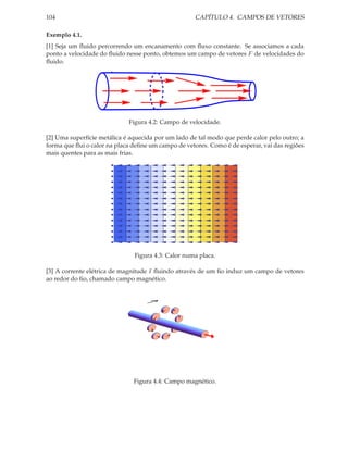 104                                                  CAPÍTULO 4. CAMPOS DE VETORES

Exemplo 4.1.
[1] Seja um ﬂuido percorrendo um encanamento com ﬂuxo constante. Se associamos a cada
ponto a velocidade do ﬂuido nesse ponto, obtemos um campo de vetores F de velocidades do
ﬂuido.




                             Figura 4.2: Campo de velocidade.

[2] Uma superfície metálica é aquecida por um lado de tal modo que perde calor pelo outro; a
forma que ﬂui o calor na placa deﬁne um campo de vetores. Como é de esperar, vai das regiões
mais quentes para as mais frias.




                               Figura 4.3: Calor numa placa.

[3] A corrente elétrica de magnitude I ﬂuindo através de um ﬁo induz um campo de vetores
ao redor do ﬁo, chamado campo magnético.




                               Figura 4.4: Campo magnético.
 