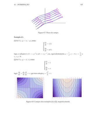 4.1. INTRODUÇÃO                                                                            107




                                    Figura 4.7: Fluxo do campo.

Exemplo 4.3.

[1] Se F (x, y) = (x, −y), então:
                                           dx = x(t)
                                          
                                          
                                           dt
                                          

                                           dy
                                          
                                               = y(t);
                                          
                                          
                                            dt
                                                                            c              c1
logo, a solução é x(t) = c1 et e y(t) = c2 e−t , ou, equivalentemente y =     , x > 0, c =    e
                                                                            x              c2
c1 , c2 ∈ R.
[2] Se F (x, y) = (1, x); então:
                                            dx = 1
                                           
                                           
                                            dt
                                           

                                            dy
                                           
                                                = x;
                                           
                                           
                                             dt
        dy   dy dt                          x2
logo:      =       = x, que tem solução y =    + c.
        dx   dt dx                          2




                  Figura 4.8: Campos dos exemplos [1] e [2], respectivamente.
 
