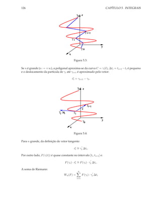 126                                                                               CAPÍTULO 5. INTEGRAIS

                                                     γn z




                                                                γ i+1

                                               γi

                                                                              y
                                                           γ0
                                          x

                                                Figura 5.3:

Se n é grande (n → +∞), a poligonal aproxima-se da curva C = γ(I), ∆ti = ti+1 − ti é pequeno
e o deslocamento da partícula de γi até γi+1 é aproximado pelo vetor:

                                               vi = γi+1 − γi .


                                                     γn z




                                                                 γi+1
                                                           v
                                γ ’ ∆ti         γi
                                 i


                                                           γ0                 y

                                           x

                                                Figura 5.4:

Para n grande, da deﬁnição de vetor tangente:

                                                vi ∼ γi ∆ti .
                                                      ′
                                                   =

Por outro lado, F (γ(t)) é quase constante no intervalo [ti , ti+1 ] e:

                                      F (γi ) · vi ∼ F (γi ) · γi ∆ti .
                                                                ′
                                                   =

A soma de Riemann:
                                                     n
                                                                        ′
                                     Wn (F ) =             F (γi ) · γi ∆ti
                                                     i=1
 