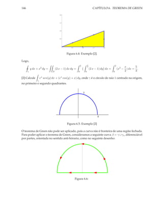 146                                                                            CAPÍTULO 6. TEOREMA DE GREEN

                                    2.0




                                    1.5




                                    1.0




                                    0.5




                                              0.5              1.0             1.5       2.0




                                          Figura 6.4: Exemplo [2].

Logo,
                                                                         x
                                                           2                                         2
                   2
                                                                         2                                       x       5
          y dx + x dy =          (2 x − 1) dx dy =                           (2 x − 1) dy dx =           (x2 −     ) dx = .
      γ                      D                         0             0                           0               2       3

[2] Calcule        ex sen(y) dx + (ex cos(y) + x) dy, onde γ é o círculo de raio 1 centrado na origem,
               γ
no primeiro e segundo quadrantes.


                                                                 γ




                                                                                     1

                                          Figura 6.5: Exemplo [2]

O teorema de Green não pode ser aplicado, pois a curva não é fronteira de uma região fechada.
Para poder aplicar o teorema de Green, consideramos a seguinte curva β = γ ∪γ1 , diferenciável
por partes, orientada no sentido anti-hórario, como no seguinte desenho:




                                                    Figura 6.6:
 