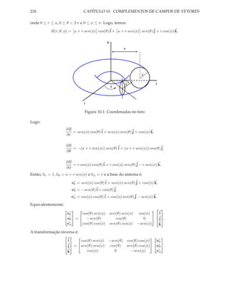 218                           CAPÍTULO 10. COMPLEMENTOS DE CAMPOS DE VETORES

onde 0 ≤ r ≤ a, 0 ≤ θ < 2 π e 0 ≤ φ ≤ π. Logo, temos:

           R(r, θ, φ) = a + r sen(φ) cos(θ) i + a + r sen(φ) sen(θ) j + r cos(φ) k.

                                            k
                                                      a




                                                                 r


                                                          φ              j
                                                θ




                               i

                               Figura 10.1: Coordenadas no toro

Logo:
                    ∂R
                       = sen(φ) cos(θ) i + sen(φ) sen(θ) j + cos(φ) k,
                    ∂r

                    ∂R
                       = −(a + r sen(φ)) sen(θ) i + (a + r sen(φ)) cos(θ) j,
                    ∂θ

                    ∂R
                       = r cos(φ) cos(θ) i + r cos(φ) sen(θ) j − r sen(φ) k.
                    ∂φ
Então, hr = 1, hθ = a + r sen(φ) e hφ = r e a base do sistema é:

                        er = sen(φ) cos(θ) i + sen(φ) sen(θ) j + cos(φ) k,
                        eθ = −sen(θ) i + cos(θ) j,
                        eφ = cos(φ) cos(θ) i + cos(φ) sen(θ) j − sen(φ) k.
Equivalentemente:
                                                                      
                      er      cos(θ) sen(φ) sen(θ) sen(φ) cos(φ)           i
                     eθ  =  −sen(θ)         cos(θ)        0           j .
                                                                          
                     eφ       cos(θ) cos(φ) sen(θ) cos(φ) −sen(φ)         k
A transformação inversa é:
                                                             
                    i      cos(θ) sen(φ) −sen(θ) cos(θ) cos(φ)   er
                   j  = sen(θ) sen(φ) cos(θ) sen(θ) cos(φ)  eθ .
                    
                   k          cos(φ)        0      −sen(φ)       eφ
 
