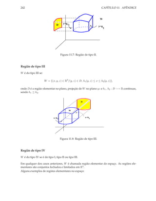 242                                                                       CAPÍTULO 11. APÊNDICE



                                                                         W
                                       y=g 1
                                D
                                                                        y=g
                                                                              2




                                     Figura 11.7: Região de tipo II.



Região de tipo III

W é do tipo III se:

                      W = {(x, y, z) ∈ R3 /(y, z) ∈ D, h1 (y, z) ≤ x ≤ h2 (y, z)},

onde D é a região elementar no plano, projeção de W no plano yz e h1 , h2 : D −→ R contínuas,
sendo h1 ≤ h2 .


                                                      D



                                            W



                              x=h2                        x=h
                                                             1




                                     Figura 11.8: Região de tipo III.



Região de tipo IV

W é do tipo IV se é do tipo I, tipo II ou tipo III.

Em qualquer dos casos anteriores, W é chamada região elementar do espaço. As regiões ele-
mentares são conjuntos fechados e limitados em R3 .
Alguns exemplos de regiões elementares no espaço:
 