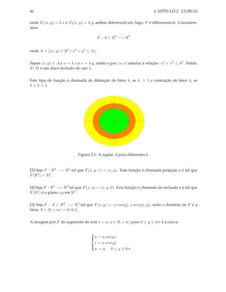 46                                                                       CAPÍTULO 2. CURVAS

onde F1 (x, y) = k x e F2 (x, y) = k y, ambas diferenciáveis; logo, F é diferenciável. Considere-
mos:

                                          F : A ⊂ R2 −→ R2


onde A = {(x, y) ∈ R2 / x2 + y 2 ≤ 1};.


Sejam (x, y) ∈ A e u = k x e v = k y, então o par (u, v) satisfaz à relação: u2 + v 2 ≤ k2 . Então,
F (A) é um disco fechado de raio k.


Este tipo de função é chamada de dilatação de fator k, se k > 1 e contração de fator k, se
0 < k < 1.




                            Figura 2.1: A região A para diferentes k.


[3] Seja F : R3 −→ R2 tal que F (x, y, z) = (x, y). Esta função é chamada projeção e é tal que
F (R3 ) = R2 .


[4] Seja F : R2 −→ R3 tal que F (x, y) = (x, y, 0). Esta função é chamada de inclusão e é tal que
F (R2 ) é o plano xy em R3 .


[5] Seja F : A ⊂ R2 −→ R3 tal que F (x, y) = (x cos(y), x sen(y), y), onde o domínio de F é a
faixa A = [0, +∞) × [0, 6 π].


A imagem por F do segmento de reta x = a, a ∈ [0, +∞) para 0 ≤ y ≤ 6 π é a curva:

                                    
                                    u = a cos(y)
                                    
                                     v = a sen(y)
                                    
                                     w = y; 0 ≤ y ≤ 6 π.
                                    
 