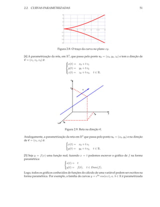 2.2. CURVAS PARAMETRIZADAS                                                                     51

                                4

                                3

                                2

                                1

                                       0.5   1    1.5    2        2.5   3
                               -1

                               -2

                               -3

                               -4


                           Figura 2.8: O traço da curva no plano xy.

[4] A parametrização da reta, em R3 , que passa pelo ponto x0 = (x0 , y0 , z0 ) e tem a direção de
v = (v1 , v2 , v3 ) é:          
                                x(t) = x0 + t v1
                                
                                  y(t) = y0 + t v2
                                
                                  z(t) = z0 + t v3 , t ∈ R.
                                


                                        z


                                        z0
                                                  v




                                                             y0             y


                                x0
                           x

                                    Figura 2.9: Reta na direção v.

Analogamente, a parametrização da reta em R2 que passa pelo ponto x0 = (x0 , y0 ) e na direção
de v = (v1 , v2 ) é:
                                x(t) = x0 + t v1
                                y(t) = y0 + t v2 , t ∈ R.

[5] Seja y = f (x) uma função real; fazendo x = t podemos escrever o gráﬁco de f na forma
paramétrica:
                                 x(t) = t
                                 y(t) = f (t), t ∈ Dom(f ).
Logo, todos os gráﬁcos conhecidos de funções do cálculo de uma variável podem ser escritos na
forma paramétrica. Por exemplo, a família de curvas y = ebx cos(a x), a, b ∈ R é parametrizada
 