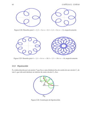 60                                                                      CAPÍTULO 2. CURVAS




     Figura 2.24: Desenho para b = 2, h = 5 e m = 8; b = 2, h = 6 e m = 12, respectivamente.




     Figura 2.25: Desenho para b = 2, h = 6 e m = 20; b = 2, h = 20 e m = 30, respectivamente.



2.5.3 Hipotrocóide

É a roleta descrita por um ponto P que ﬁca a uma distância ﬁxa do centro de um círculo C1 de
raio b, que rola sem deslizar, no interior de outro círculo C2 , ﬁxo.


                                              P
                                         C1

                                                  θ




                                              C2

                             Figura 2.26: Construção da hipotrocóide.
 