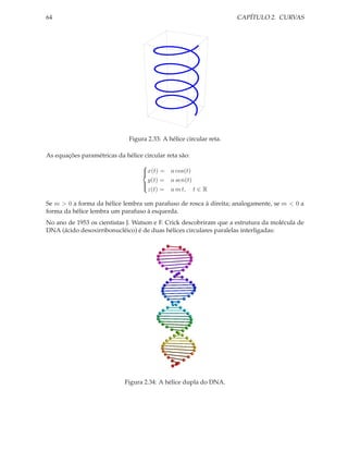 64                                                                   CAPÍTULO 2. CURVAS




                              Figura 2.33: A hélice circular reta.

As equações paramétricas da hélice circular reta são:
                                   
                                   x(t) = a cos(t)
                                   
                                     y(t) = a sen(t)
                                   
                                     z(t) = a m t, t ∈ R
                                   

Se m > 0 a forma da hélice lembra um parafuso de rosca à direita; analogamente, se m < 0 a
forma da hélice lembra um parafuso à esquerda.
No ano de 1953 os cientistas J. Watson e F. Crick descobriram que a estrutura da molécula de
DNA (ácido desoxirribonucléico) é de duas hélices circulares paralelas interligadas:




                             Figura 2.34: A hélice dupla do DNA.
 