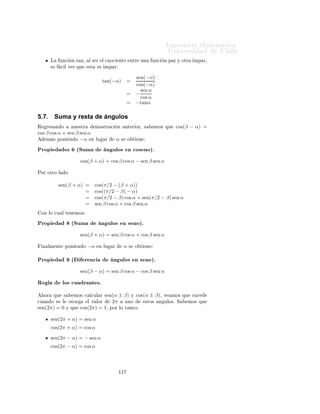 ÁÒ Ò Ö Å Ø Ñ Ø 
                                                                                    ÍÒ Ú Ö×                   Ð
5.6.       Propiedades importantes
Ä     
Ù 
    Ò       ÒØ Ö ÓÖ ÒÓ      ÖÖÓ    ÙÒ      Ö Ò 
 ÒØ                 Ò ÓÖÑ 
       Ò ÕÙ     Ú Ö ¹
ÑÓ×     
ÓÒØ ÒÙ 
           Òº

ÈÖÓÔ                   ´         Ö Ò
          Ò ÙÐÓ× Ò 
Ó× ÒÓµº
                           cos(β − α) =           cos β cos α + sen β sen α.

           Ú ÐÙ Ò Ó         Ò    β = 0 Ó Ø Ò ÑÓ× cos(−α) = cos 0 cos α + sen 0 sen α =
       
Ó×α¸      ×        
 Ö   cos(−α) = 
Ó×α¸ ÐÓ ÕÙ × Ò 
 ÕÙ Ð ÙÒ
 Ò 
Ó× ×
       Ô Öº

           Ú ÐÙ Ò Ó        α = π/2 Ó       Ø Ò ÑÓ×   cos(β−π/2) = cos β cos π/2+sen β sen π/2 =
       × Òβ ¸     ×        
 Ö


                                           cos(β − π/2) =           × Òβ.




       ÄÐ Ñ ÑÓ×            γ = β + π/2º Ç
ÙÔ         Ò Ó ÐÓ       ÒØ Ö ÓÖ¸   cos(β − π/2) = × Òβ         Ý
        Ú ÐÙ Ò Ó           β ÔÓÖ γ Ø Ò ÑÓ×

                                    cos(γ − π/2) =             × Òγ

                                              
Ó×β       =     × Ò(β    + π/2).



        Ú ÐÙ ÑÓ×   ÓÖ   Ò α = −π/2º   ÓÒ ×ØÓ Ó Ø Ò ÑÓ× cos(β + π/2) =
       cos(β − (−π/2)) = cos β cos(−π/2) + sen β sen(−π/2) = −× Òβ ¸ ×
           
 Ö


                                          cos(β + π/2) =           −× Òβ.

           ÓÑÓ    cos(β + π/2) = −× Òβ ¸            ÐÐ Ñ ÑÓ×       γ = β − π/2       Ý Ö    ÑÔÐ Þ Ò Ó
       β   ÔÓÖ    γ ¸ Ø Ò ÑÓ×

                                    
Ó×(γ   + π/2) =          −× Òγ
                                              
Ó×β       =    −× Ò(β − π/2)
                                            −
Ó×β        =    × Ò(β − π/2).


            ÓÖ    Ú        ÑÓ× ÙÒ Ô ÕÙ       Ó ØÖÙ
Ó¸        Ò Ð Þ ÑÓ× Ð      Ô Ö             × Òº


       × Ò(−α)          =        × Ò(−α   + π/2 − π/2)
                        =        × Ò((−α+ π/2) − π/2) Í×            Ò Ó Ð     ÔÖÓÔ           Ö 
     Ò Ú ×Ø

                        =        −
Ó×(−α + π/2) ÈÓÖ Ô Ö                      
Ó× Ø Ò ÑÓ×

                        =        −
Ó×(α − π/2)     ÈÓÖ Ð      ×    ÙÒ     ÔÖÓÔ             ÒÓ× ÕÙ

                        =        −× Òα
                                  Ò 
ÓÒ× 
Ù Ò
       ¸ × Ò    × ÑÔ Öº



                                                    ½½
 